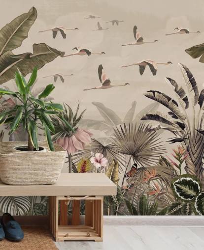 mural de papel de parede de flamingo bege chamado Jungle Flamingo Flamboyance em Wallsauce para quartos e salas de estar
