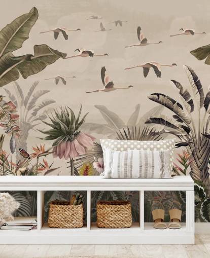 beigefarbenes Flamingo-Tapetenwandbild namens Jungle Flamingo Flamboyance in Wallsauce für Schlafzimmer und Wohnzimmer