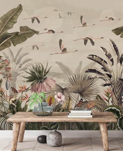 papier peint mural beige flamant rose appelé Jungle Flamingo Flamboyance chez Wallsauce pour les chambres et les salons