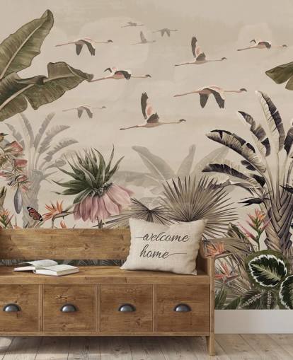 mural de papel de parede de flamingo bege chamado Jungle Flamingo Flamboyance em Wallsauce para quartos e salas de estar