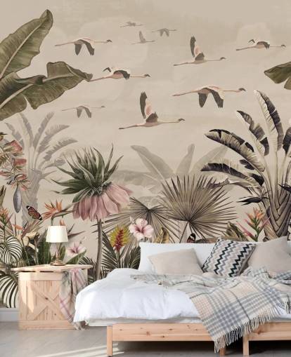 mural de papel pintado de flamencos beige llamado Jungle Flamingo Flamboyance at Wallsauce para dormitorios y salas de estar mural de papel pintado de flamencos beige llamado Jungle Flamingo Flamboyance at Wallsauce para dormitorios y salas de estar