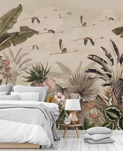 beige flamingo-taustakuvamaalaus nimeltä Jungle Flamingo Flamboyance Wallsaucessa makuuhuoneisiin ja olohuoneisiin beige flamingo-taustakuvamaalaus nimeltä Jungle Flamingo Flamboyance Wallsaucessa makuuhuoneisiin ja olohuoneisiin