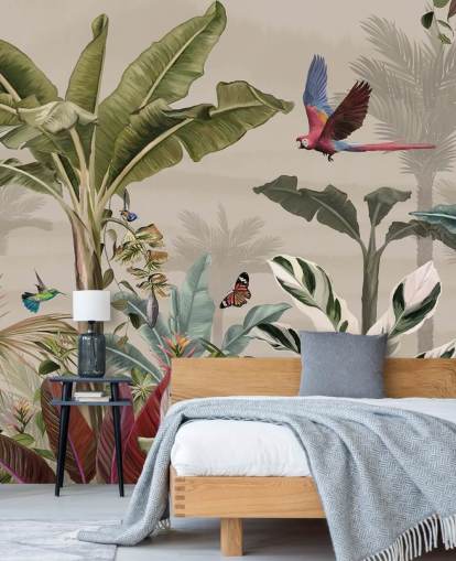 papier peint mural beige de la jungle appelé Parrot Flying Through the Jungle Beige chez Wallsauce pour chambres et salons papier peint mural beige de la jungle appelé Parrot Flying Through the Jungle Beige chez Wallsauce pour chambres et salons