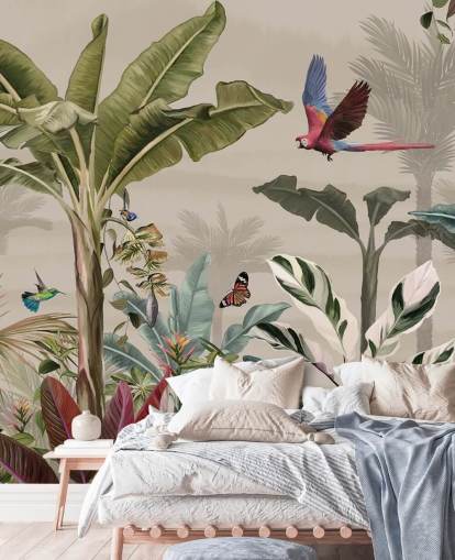 papier peint mural beige de la jungle appelé Parrot Flying Through the Jungle Beige chez Wallsauce pour chambres et salons papier peint mural beige de la jungle appelé Parrot Flying Through the Jungle Beige chez Wallsauce pour chambres et salons
