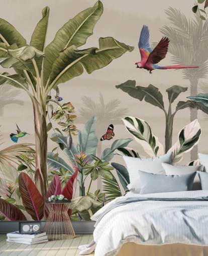beige jungel tapetmaleri kalt Parrot Flying Through the Jungle Beige på Wallsauce for soverom og stuer beige jungel tapetmaleri kalt Parrot Flying Through the Jungle Beige på Wallsauce for soverom og stuer