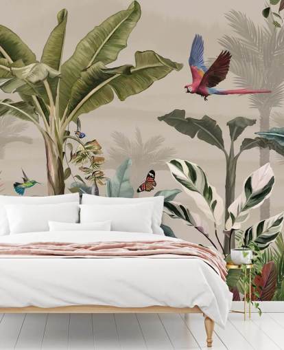 beige jungle tapetmaleri kaldet Parrot Flying Through the Jungle Beige på Wallsauce til soveværelser og stuer