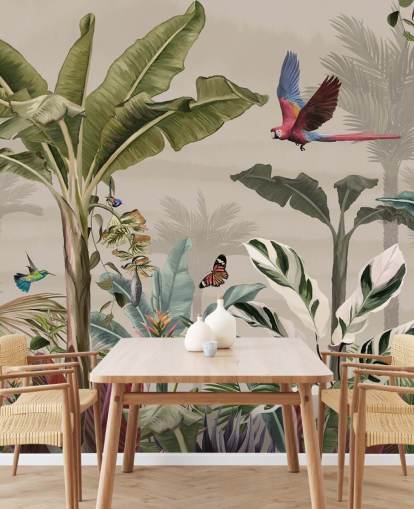 mural de papel de parede de selva bege chamado Parrot Flying Through the Jungle Beige at Wallsauce para quartos e salas de estar