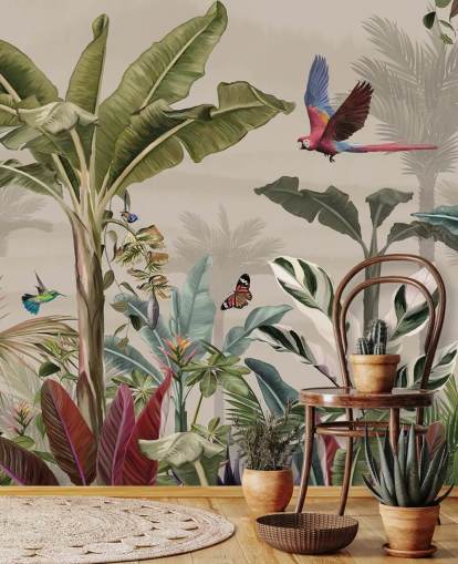 mural de papel de parede de selva bege chamado Parrot Flying Through the Jungle Beige at Wallsauce para quartos e salas de estar