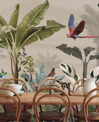 beige jungle wallpaper mural called Parrot Flying Through the Jungle Beige at Wallsauce for bedrooms and living rooms