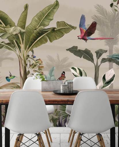 mural de papel de parede de selva bege chamado Parrot Flying Through the Jungle Beige at Wallsauce para quartos e salas de estar