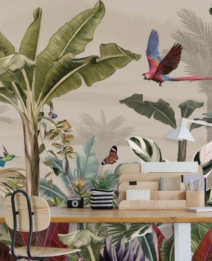 beige jungle wallpaper mural called Parrot Flying Through the Jungle Beige at Wallsauce for bedrooms and living rooms