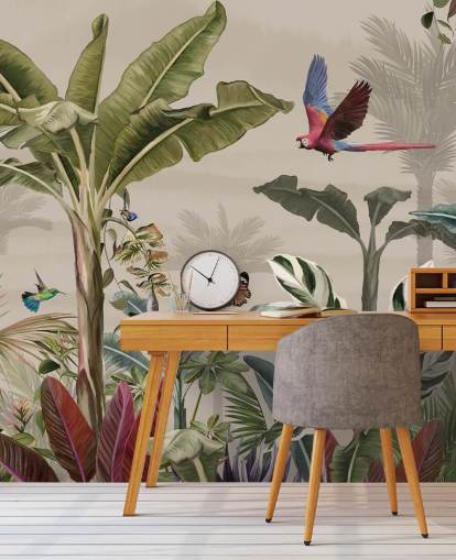 beige jungle wallpaper mural called Parrot Flying Through the Jungle Beige at Wallsauce for bedrooms and living rooms