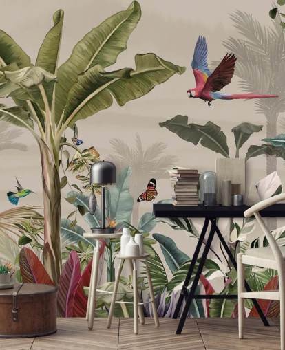 mural de papel de parede de selva bege chamado Parrot Flying Through the Jungle Beige at Wallsauce para quartos e salas de estar