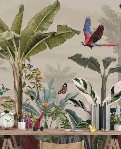 beige jungle wallpaper mural called Parrot Flying Through the Jungle Beige at Wallsauce for bedrooms and living rooms