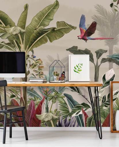 beige jungle behangmuurschildering genaamd Parrot Flying Through the Jungle Beige bij Wallsauce voor slaapkamers en woonkamers