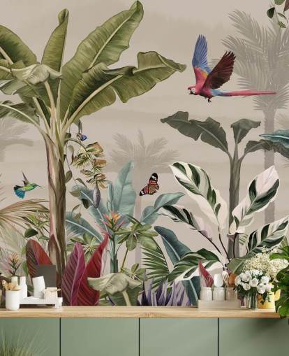 beige jungle wallpaper mural called Parrot Flying Through the Jungle Beige at Wallsauce for bedrooms and living rooms