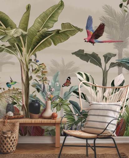 carta da parati murale beige con giungla chiamata Parrot Flying Through the Jungle Beige at Wallsauce per camere da letto e salotti