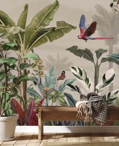 beige djungel tapetväggmålning som heter Parrot Flying Through the Jungle Beige på Wallsauce för sovrum och vardagsrum beige djungel tapetväggmålning som heter Parrot Flying Through the Jungle Beige på Wallsauce för sovrum och vardagsrum