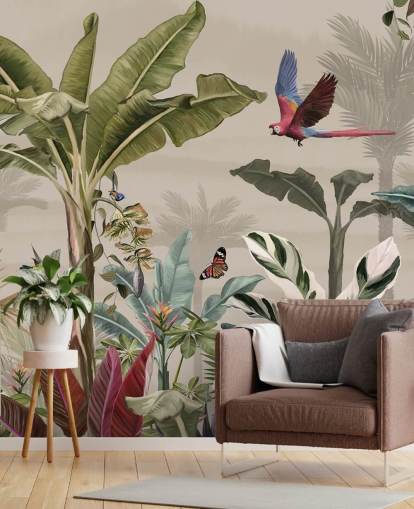 beige jungle tapetmaleri kaldet Parrot Flying Through the Jungle Beige på Wallsauce til soveværelser og stuer