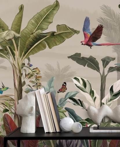 beige jungle tapetmaleri kaldet Parrot Flying Through the Jungle Beige på Wallsauce til soveværelser og stuer