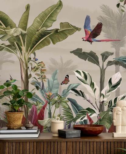 carta da parati murale beige con giungla chiamata Parrot Flying Through the Jungle Beige at Wallsauce per camere da letto e salotti