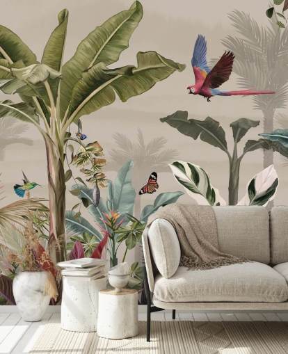 beige jungle tapetmaleri kaldet Parrot Flying Through the Jungle Beige på Wallsauce til soveværelser og stuer
