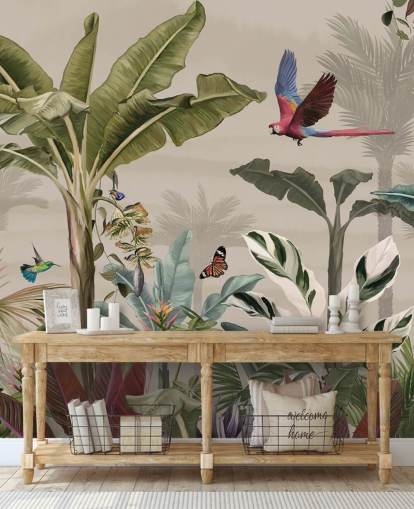 beige djungel tapetväggmålning som heter Parrot Flying Through the Jungle Beige på Wallsauce för sovrum och vardagsrum