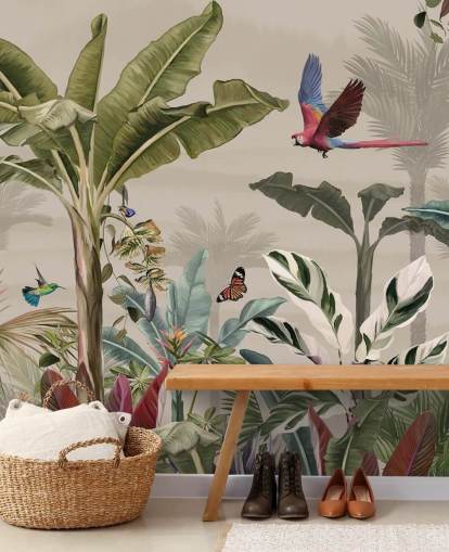 beige jungle wallpaper mural called Parrot Flying Through the Jungle Beige at Wallsauce for bedrooms and living rooms