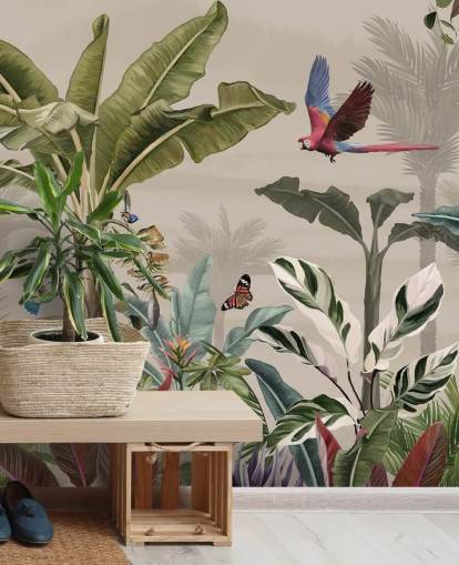 papier peint mural beige de la jungle appelé Parrot Flying Through the Jungle Beige chez Wallsauce pour chambres et salons
