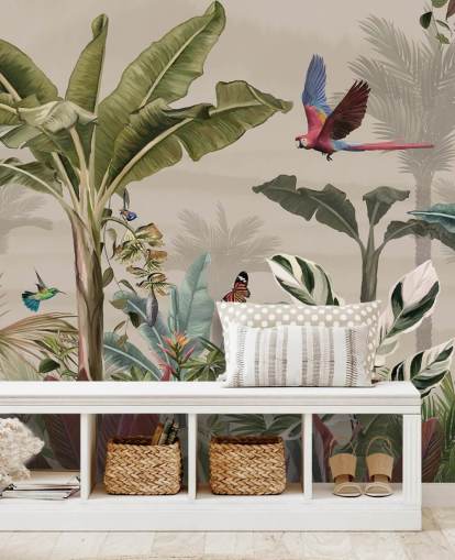 mural de papel de parede de selva bege chamado Parrot Flying Through the Jungle Beige at Wallsauce para quartos e salas de estar