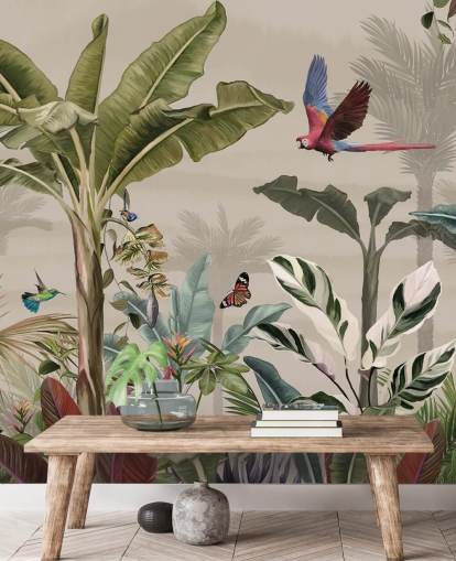 beige djungel tapetväggmålning som heter Parrot Flying Through the Jungle Beige på Wallsauce för sovrum och vardagsrum beige djungel tapetväggmålning som heter Parrot Flying Through the Jungle Beige på Wallsauce för sovrum och vardagsrum