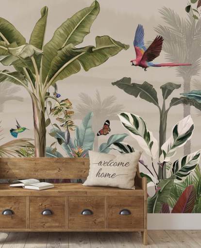 beige jungel tapetmaleri kalt Parrot Flying Through the Jungle Beige på Wallsauce for soverom og stuer