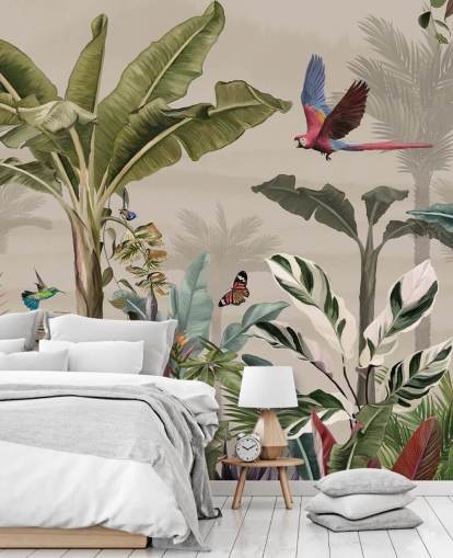 carta da parati murale beige con giungla chiamata Parrot Flying Through the Jungle Beige at Wallsauce per camere da letto e salotti
