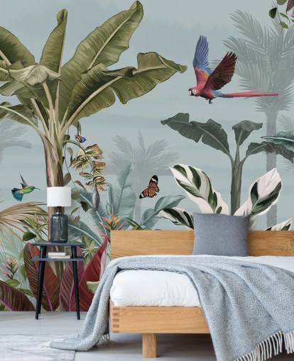 blauw junglebehang genaamd Parrot Flying Through the Jungle Blue bij Wallsauce voor woonkamers blauw junglebehang genaamd Parrot Flying Through the Jungle Blue bij Wallsauce voor woonkamers
