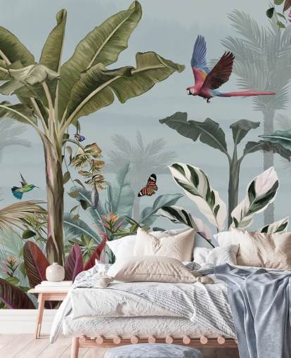 blue jungle wallpaper called Parrot Flying Through the Jungle Blue at Wallsauce for living rooms