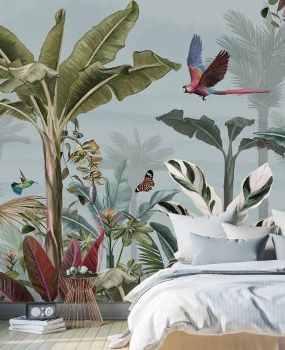blue jungle wallpaper called Parrot Flying Through the Jungle Blue at Wallsauce for living rooms