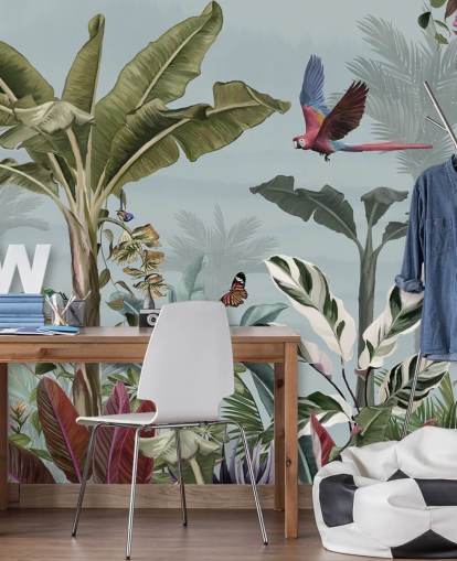 papier peint de la jungle bleue appelé Parrot Flying Through the Jungle Blue chez Wallsauce pour les salons