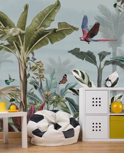 blue jungle wallpaper called Parrot Flying Through the Jungle Blue at Wallsauce for living rooms