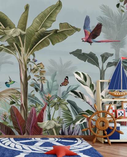 blue jungle wallpaper called Parrot Flying Through the Jungle Blue at Wallsauce for living rooms