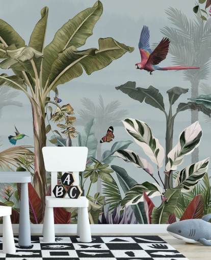 papier peint de la jungle bleue appelé Parrot Flying Through the Jungle Blue chez Wallsauce pour les salons