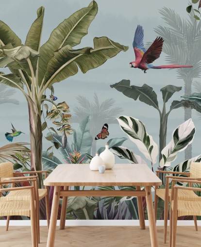 papel pintado azul de la jungla llamado Parrot Flying Through the Jungle Blue en Wallsauce para salas de estar