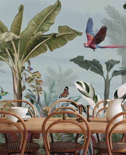 blue jungle wallpaper called Parrot Flying Through the Jungle Blue at Wallsauce for living rooms