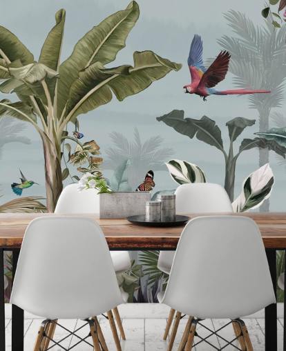 blue jungle wallpaper called Parrot Flying Through the Jungle Blue at Wallsauce for living rooms