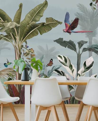 blue jungle wallpaper called Parrot Flying Through the Jungle Blue at Wallsauce for living rooms