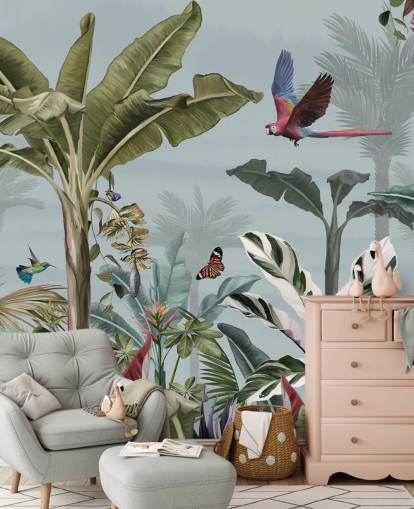 blue jungle wallpaper called Parrot Flying Through the Jungle Blue at Wallsauce for living rooms
