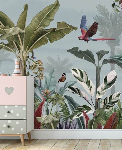 blue jungle wallpaper called Parrot Flying Through the Jungle Blue at Wallsauce for living rooms blue jungle wallpaper called Parrot Flying Through the Jungle Blue at Wallsauce for living rooms