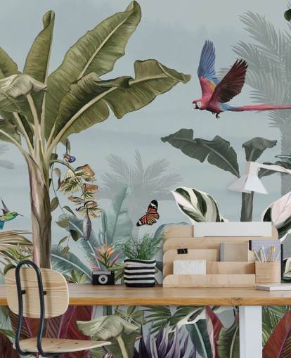 papel pintado azul de la jungla llamado Parrot Flying Through the Jungle Blue en Wallsauce para salas de estar papel pintado azul de la jungla llamado Parrot Flying Through the Jungle Blue en Wallsauce para salas de estar