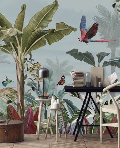 carta da parati blu della giungla chiamata Parrot Flying Through the Jungle Blue at Wallsauce per salotti