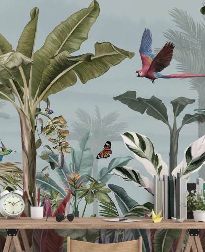 blue jungle wallpaper called Parrot Flying Through the Jungle Blue at Wallsauce for living rooms