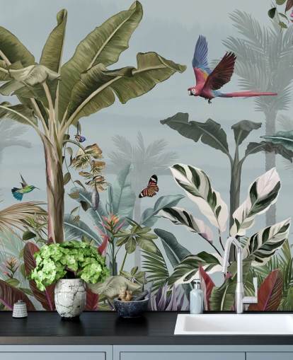 blå jungle tapet kaldet Parrot Flying Through the Jungle Blue på Wallsauce til stuer blå jungle tapet kaldet Parrot Flying Through the Jungle Blue på Wallsauce til stuer